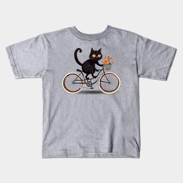 Floral Feline Pedals: The Adventures of the Cat Cyclist Kids T-Shirt by Helen Morgan